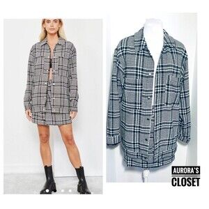 ASOS 4th & Reckless S Black Plaid Jacket Skirt Chester Shacket Oversized 90's